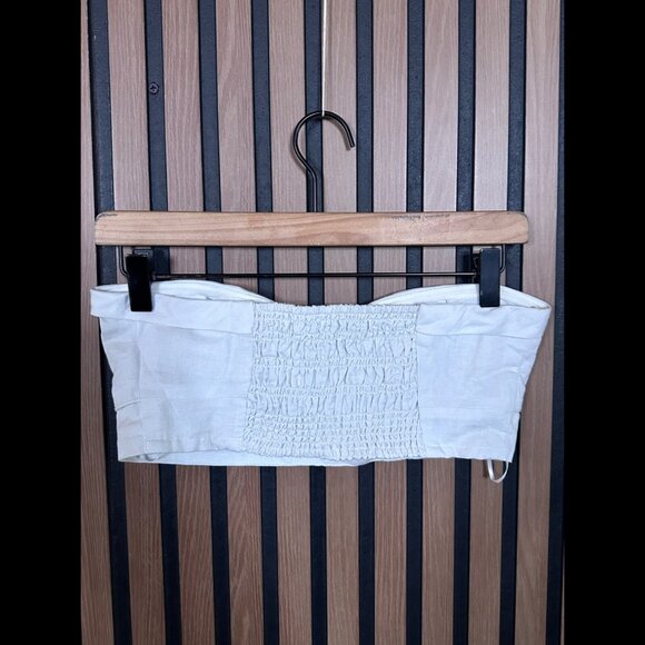 Maeve Crop Top XS Womens White Beige Smocked Back Linen Cotton Strapless - Picture 2 of 5